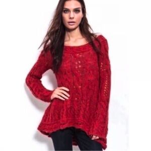 Free People Off the Shoulder Cable Knit Red Tunic Sweater Size M
